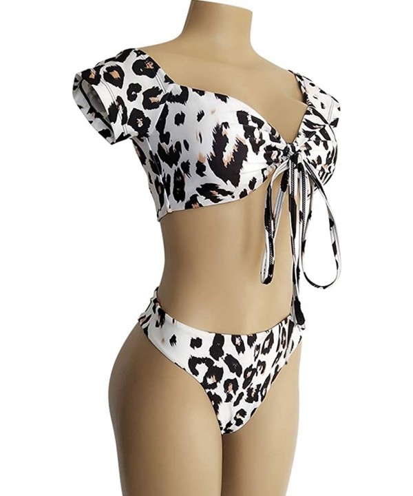 Women Off The Shoulder Leopard Print Beach Bathing Suit Bandeau Straps Lace Up High Waist 2 Piece Bikini Set - White Leopard ...