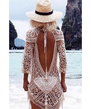 Women White Sheer Crochet Open Back Beachwear Cover Up One Piece - CT17XMM84MX $19.30-Cover-Ups