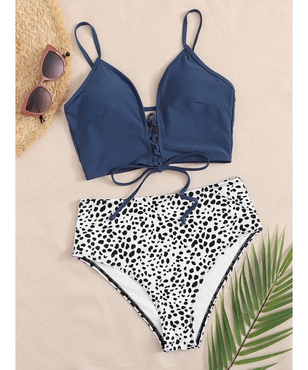 Women's Bathing Suit Lace Up Back Spaghetti Strap Two Piece Bikini Sets - Blue White - C4199XLOHK5 $12.06-Sets