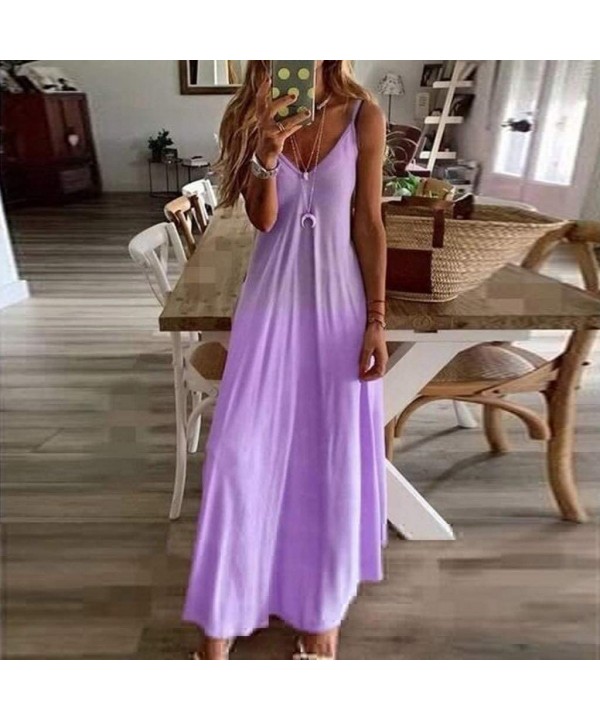 Women's Summer Casual Loose Dress Spaghetti Strap Sleeveless Tie-Dyed Gradient Print Beach Long Cami Maxi Dresses - Z1- Purpl...