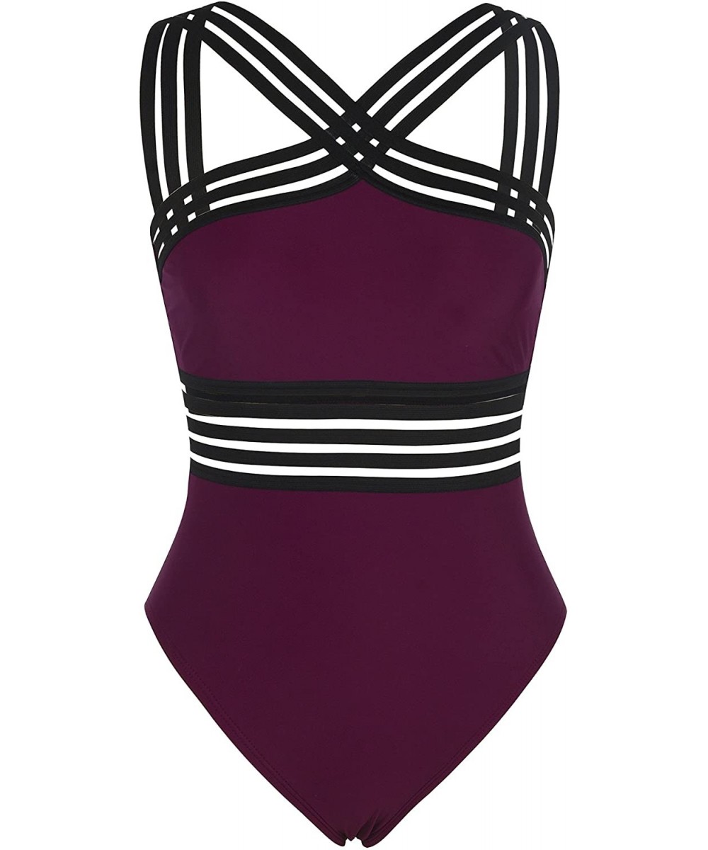 Women's One Piece Swimsuit Crisscross Halter Bathing Suit High Waisted Monokini Swimwear - Wine Red - CK18GAYA45H $26.99-One-...