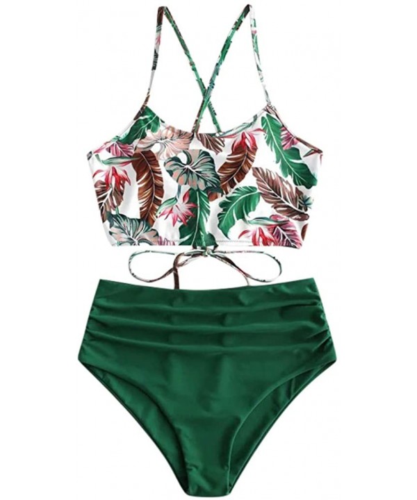 Women Tube Top Straps Bikini Push Up Two Piece Swimsuit Printed High Waisted Split Bikini Set - Green - C6196HG2DMA $14.04-Ra...