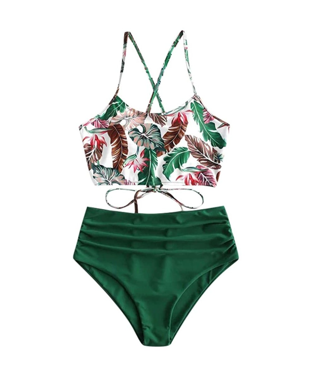 Women Tube Top Straps Bikini Push Up Two Piece Swimsuit Printed High Waisted Split Bikini Set - Green - C6196HG2DMA $14.04-Ra...