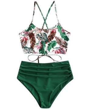 Women Tube Top Straps Bikini Push Up Two Piece Swimsuit Printed High Waisted Split Bikini Set - Green - C6196HG2DMA $14.04-Ra...