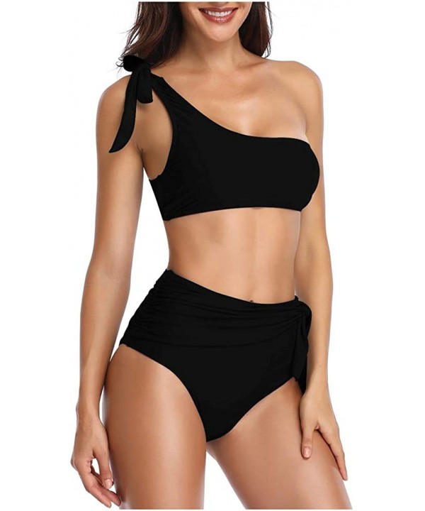 Womens Sexy One Shoulder Bikini Sets High Waisted Tie Front Padded Swimsuits - 2287black - CH18NW826ES $12.97-Sets