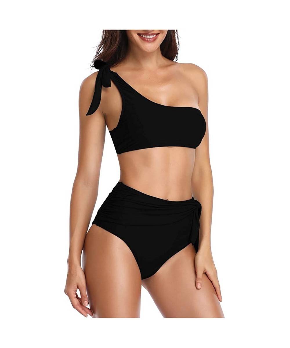 Womens Sexy One Shoulder Bikini Sets High Waisted Tie Front Padded Swimsuits - 2287black - CH18NW826ES $12.97-Sets