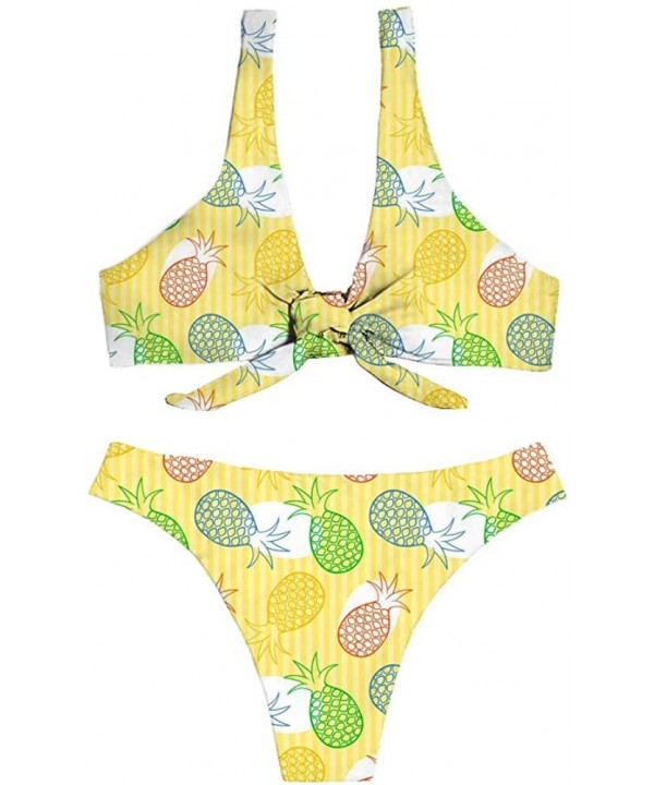 Tropical Style Women Swimsuit Women Bandage Tie Knot Front Bikini Tankini Sets High Cut Thongs - Pineapple - CZ18QKAMSEW $26....