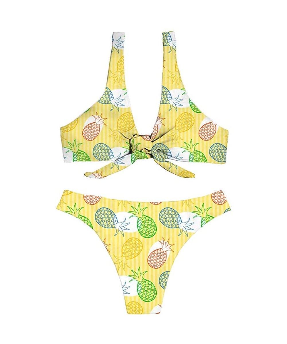 Tropical Style Women Swimsuit Women Bandage Tie Knot Front Bikini Tankini Sets High Cut Thongs - Pineapple - CZ18QKAMSEW $26....