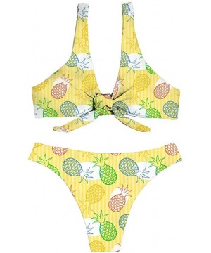 Tropical Style Women Swimsuit Women Bandage Tie Knot Front Bikini Tankini Sets High Cut Thongs - Pineapple - CZ18QKAMSEW $26....