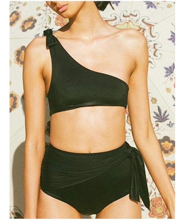 Womens Sexy One Shoulder Bikini Sets High Waisted Tie Front Padded Swimsuits - 2287black - CH18NW826ES $12.97-Sets