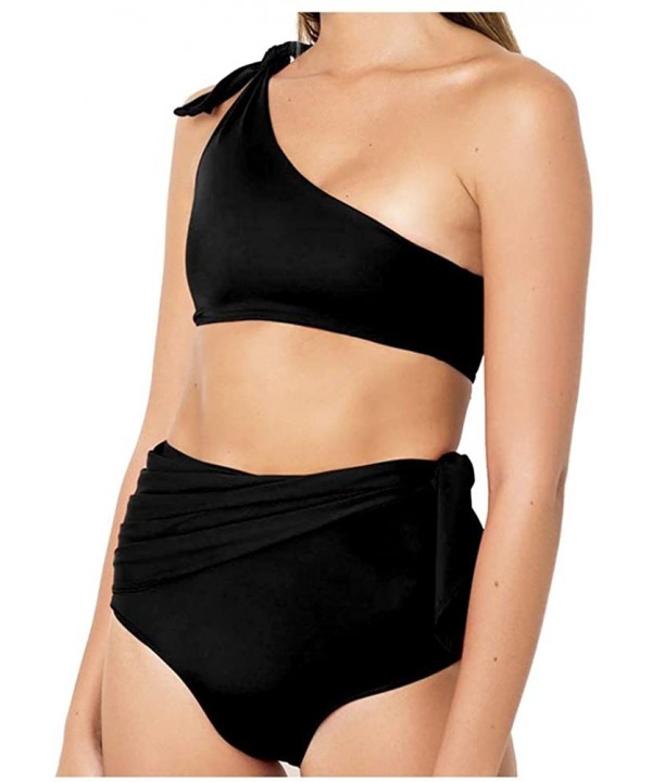 Womens Sexy One Shoulder Bikini Sets High Waisted Tie Front Padded Swimsuits - 2287black - CH18NW826ES $12.97-Sets