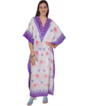 Women's Tunic Viscose Kaftan Summer Beachwear Maxi Dress (Free Size) - Blue - CL195KQX9IY $21.54-Cover-Ups