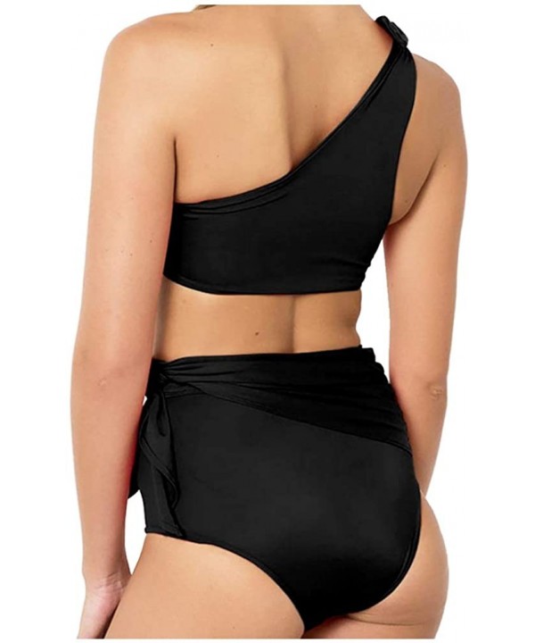 Womens Sexy One Shoulder Bikini Sets High Waisted Tie Front Padded Swimsuits - 2287black - CH18NW826ES $12.97-Sets