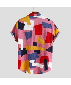 Mens Top Contrast Color Geometric Printed Turn Down Collar Short Sleeve Loose Shirts - G_pink - C6193ZLCIYO $13.02-Rash Guards