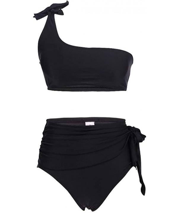 Womens Sexy One Shoulder Bikini Sets High Waisted Tie Front Padded Swimsuits - 2287black - CH18NW826ES $12.97-Sets