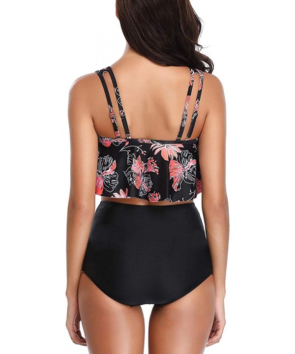 Women High Waisted Swimsuits Tummy Control Two Piece Tankini Ruffled Top with Swim Bottom Bathing Suits 1 floral+black - CI18...