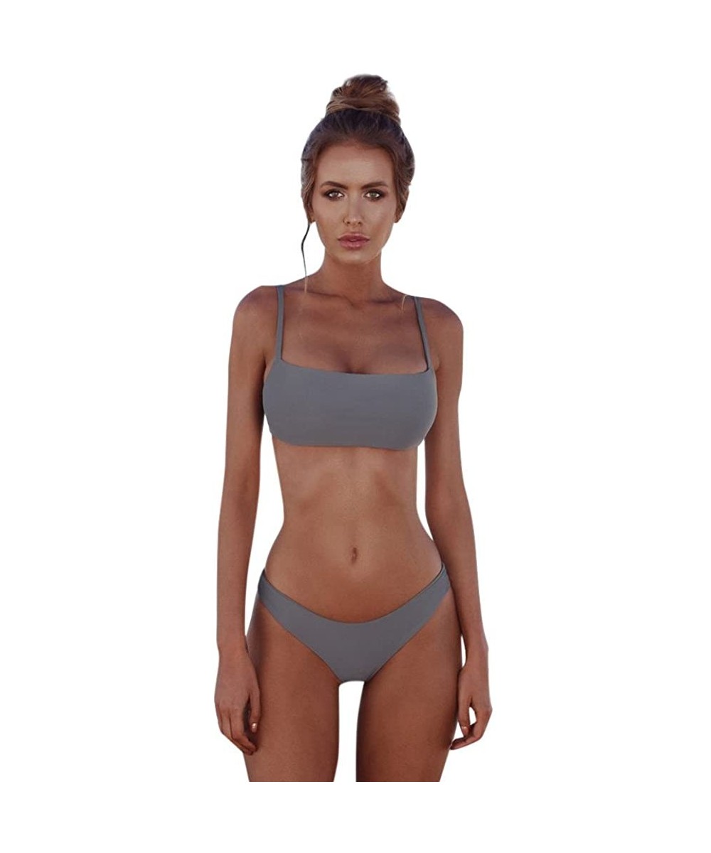 Womens Sexy Stap Bikini Sets Scoop Neck Swimsuits Solid Color Swimwear Two Piece Beach Bathing Suits - Gray - CY196GT6H9Z $13...