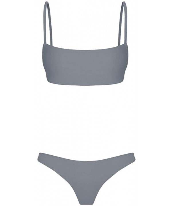 Womens Sexy Stap Bikini Sets Scoop Neck Swimsuits Solid Color Swimwear Two Piece Beach Bathing Suits - Gray - CY196GT6H9Z $13...