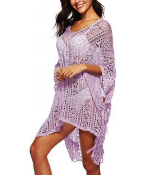 Womens Lace Crochet Hollow Out Batwing Swimsuit Cover Up Side Slit Flowy Beach Dress - Pink Purple - C418NGTR8QQ $11.87-Cover...