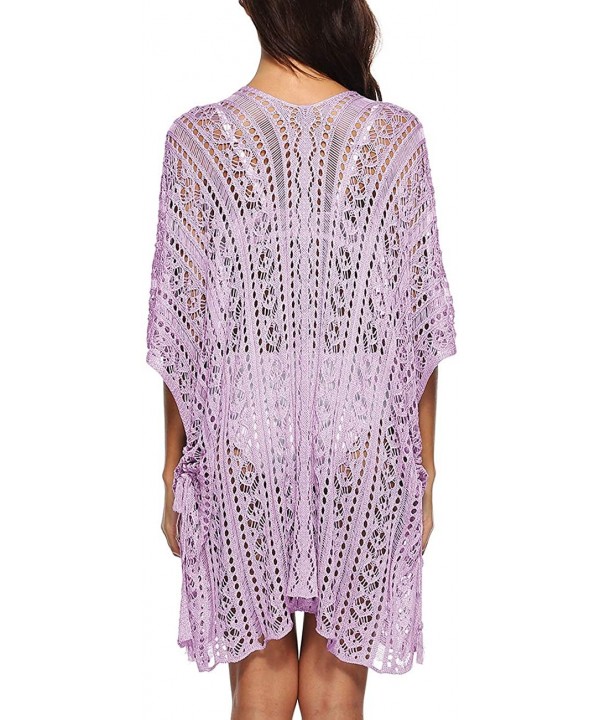 Womens Lace Crochet Hollow Out Batwing Swimsuit Cover Up Side Slit Flowy Beach Dress - Pink Purple - C418NGTR8QQ $11.87-Cover...