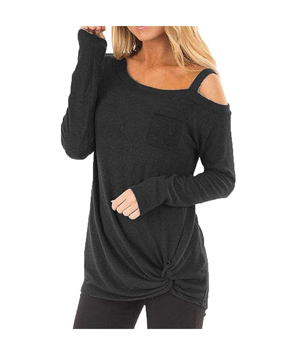 Womens Long Sleeve Casual Comfy Round Neck Solid Knot Side Twist Tunics T-Shirts Pullovers Tops - Black - CG18NT9HZED $12.96-...