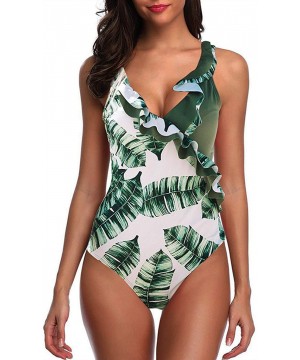 One Piece Swimsuits for Women Sexy V Neck Ruffled Flounce High Waited Swimsuit Vintage Plus Size Bathing Suits Green - CE1963...