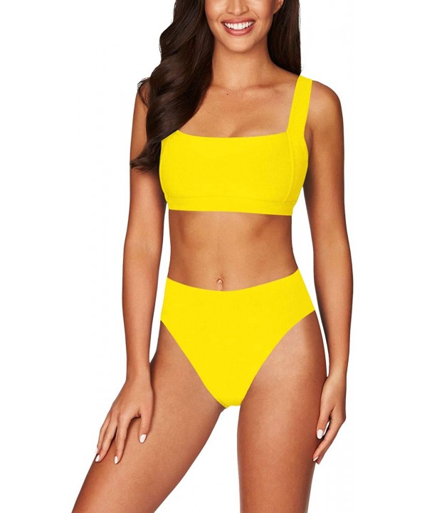 Women's Square Neck Crop Top High Waisted Bikini Set Two Piece Swimsuit - A-yellow - C0199EH5CE5 $16.67-Sets