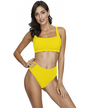 Women's Square Neck Crop Top High Waisted Bikini Set Two Piece Swimsuit - A-yellow - C0199EH5CE5 $16.67-Sets