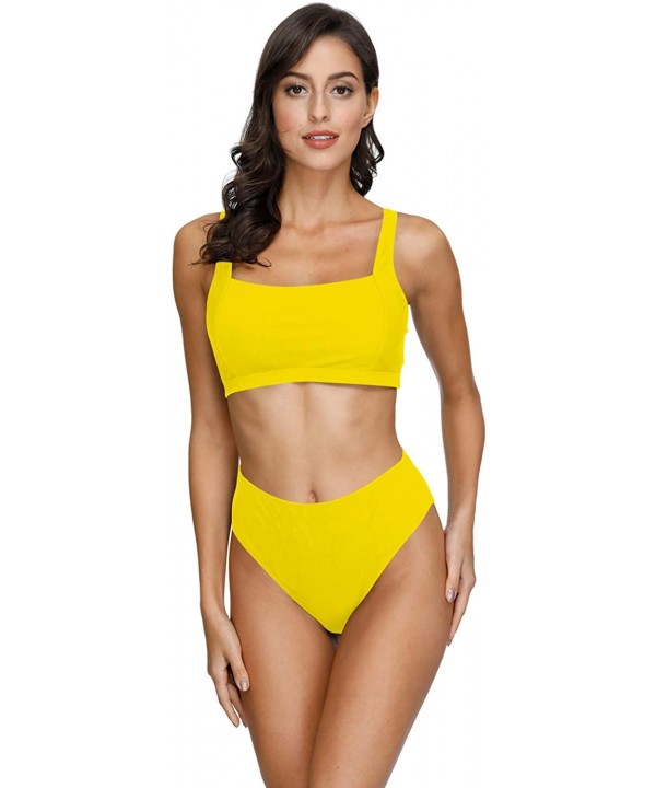 Women's Square Neck Crop Top High Waisted Bikini Set Two Piece Swimsuit - A-yellow - C0199EH5CE5 $16.67-Sets