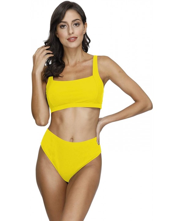 Women's Square Neck Crop Top High Waisted Bikini Set Two Piece Swimsuit - A-yellow - C0199EH5CE5 $16.67-Sets