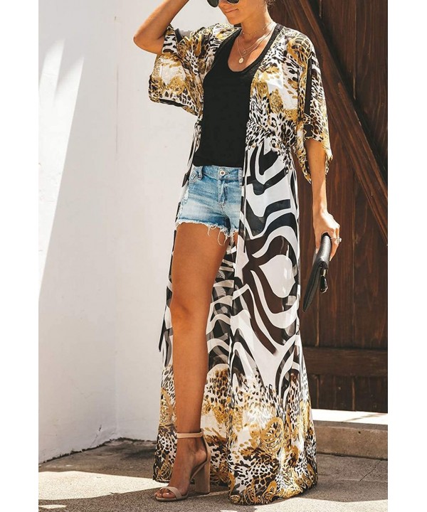 Womens Chiffon/Rayon Beach Blouses Kimono Cardigan Long Bikini Swimsuit Cover Up - Leopard Zebra - CR190C476RC $23.00-Cover-Ups