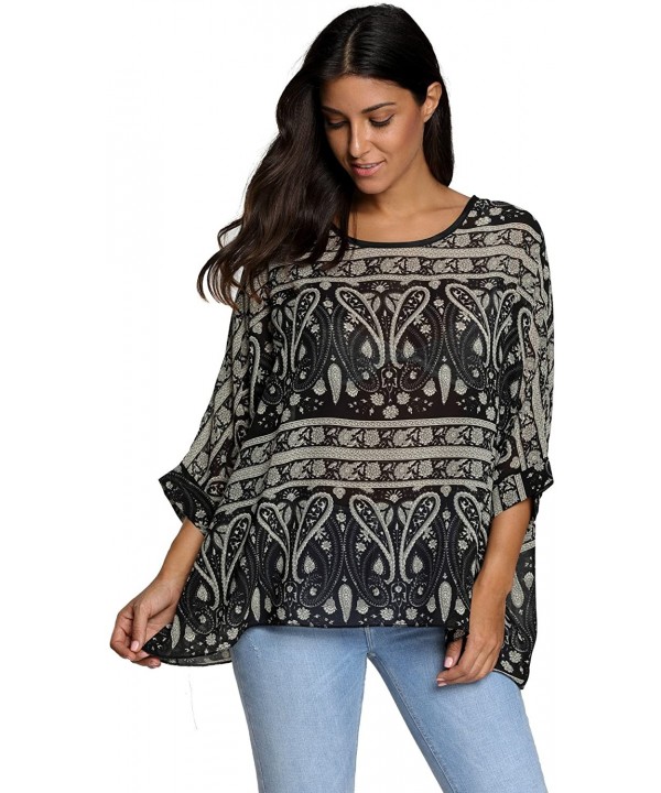 Women's Bohemian Style Summer Beach Lagenlook Top Kimono Loose Waterfall Chiffon Kaftan Poncho Shirt Black Paisley - CF1866KG...