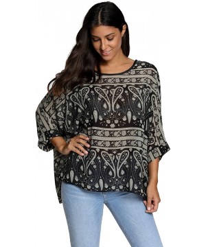 Women's Bohemian Style Summer Beach Lagenlook Top Kimono Loose Waterfall Chiffon Kaftan Poncho Shirt Black Paisley - CF1866KG...