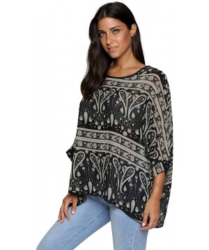 Women's Bohemian Style Summer Beach Lagenlook Top Kimono Loose Waterfall Chiffon Kaftan Poncho Shirt Black Paisley - CF1866KG...