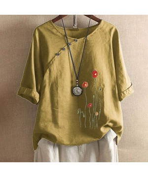 Floral Print Shirt- Womens Summer Fashion Bohemian Short Sleeve Linen O-Neck Plus Size Loose Tank Tops - Yellow a - CN1906UKU...