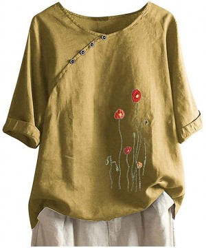 Floral Print Shirt- Womens Summer Fashion Bohemian Short Sleeve Linen O-Neck Plus Size Loose Tank Tops - Yellow a - CN1906UKU...