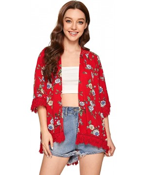 Women's Tassel Kimono Fringe Cardigan Beachwear Cover up - Red - CZ193URWKRX $17.90-Cover-Ups