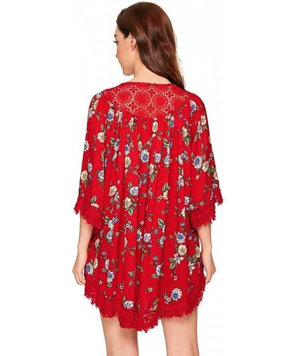 Women's Tassel Kimono Fringe Cardigan Beachwear Cover up - Red - CZ193URWKRX $17.90-Cover-Ups