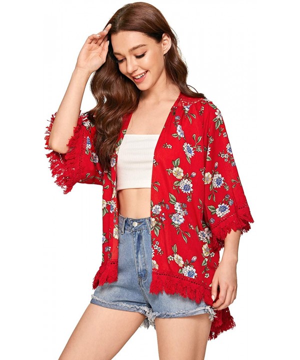 Women's Tassel Kimono Fringe Cardigan Beachwear Cover up - Red - CZ193URWKRX $17.90-Cover-Ups