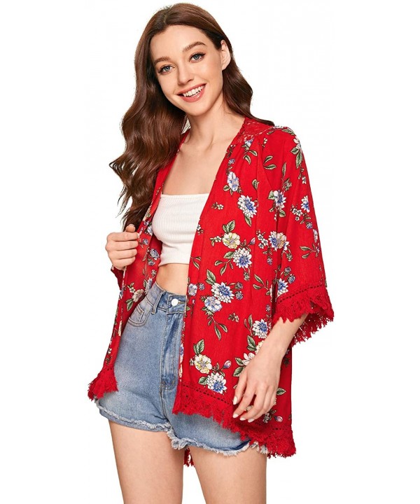 Women's Tassel Kimono Fringe Cardigan Beachwear Cover up - Red - CZ193URWKRX $17.90-Cover-Ups