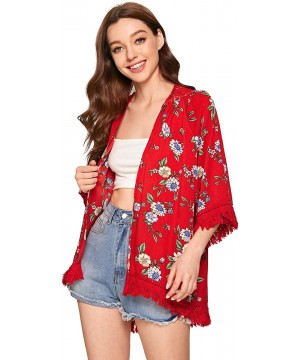 Women's Tassel Kimono Fringe Cardigan Beachwear Cover up - Red - CZ193URWKRX $17.90-Cover-Ups