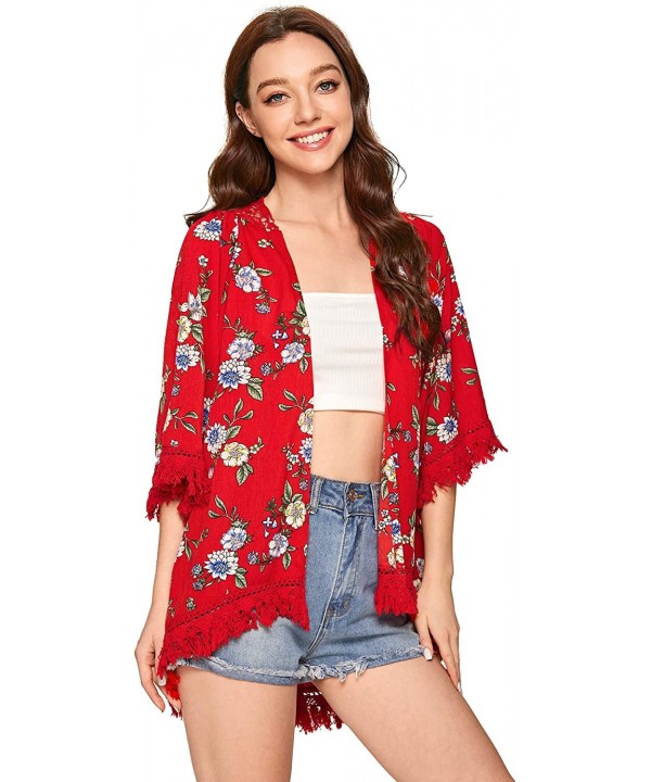 Women's Tassel Kimono Fringe Cardigan Beachwear Cover up - Red - CZ193URWKRX $17.90-Cover-Ups