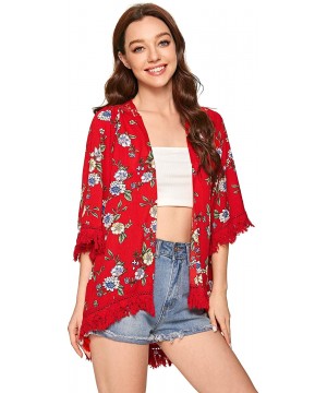 Women's Tassel Kimono Fringe Cardigan Beachwear Cover up - Red - CZ193URWKRX $17.90-Cover-Ups