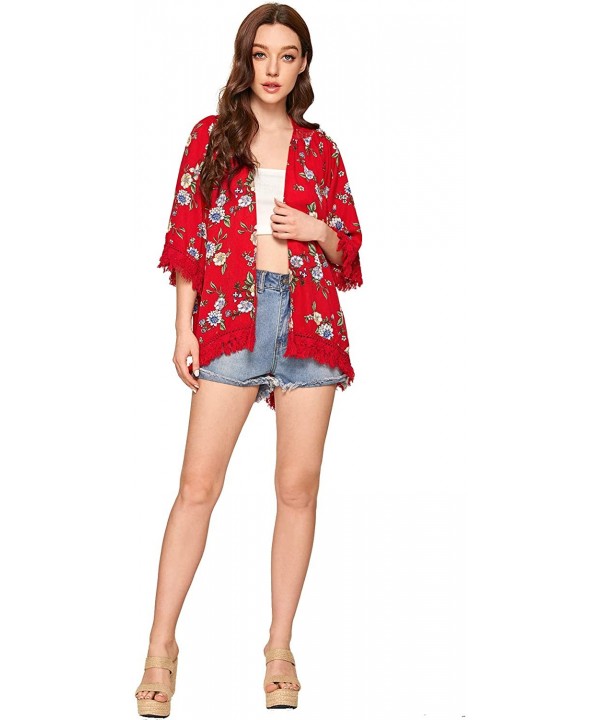 Women's Tassel Kimono Fringe Cardigan Beachwear Cover up - Red - CZ193URWKRX $17.90-Cover-Ups