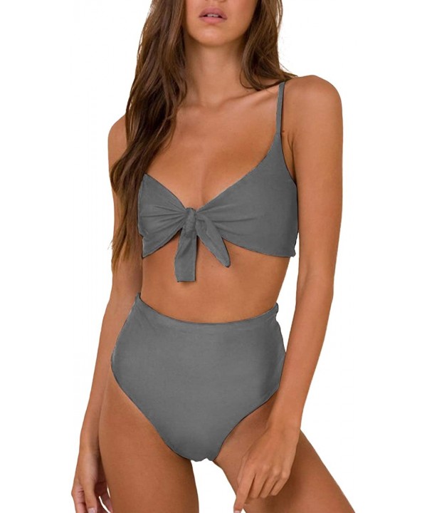 Womens High Waisted Bikini Set Tie Knot High Rise Two Piece Swimsuits Bathing Suits - Grey - CH18N0W08E0 $28.84-Sets