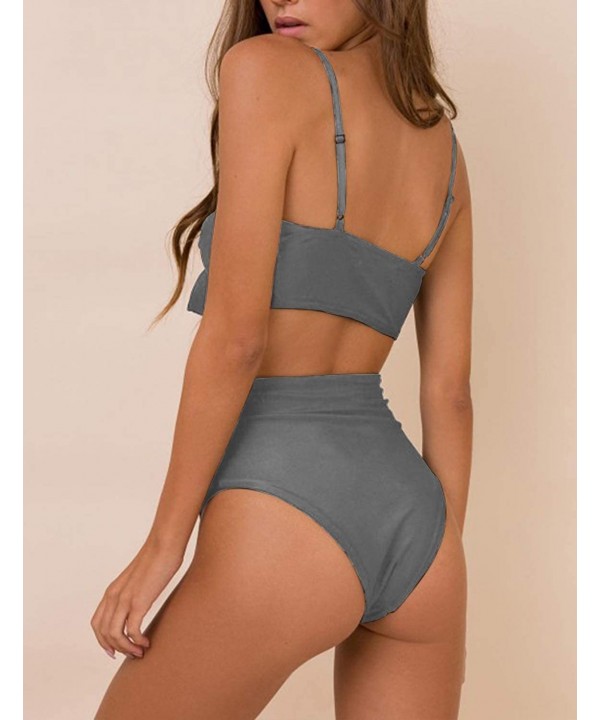 Womens High Waisted Bikini Set Tie Knot High Rise Two Piece Swimsuits Bathing Suits - Grey - CH18N0W08E0 $28.84-Sets