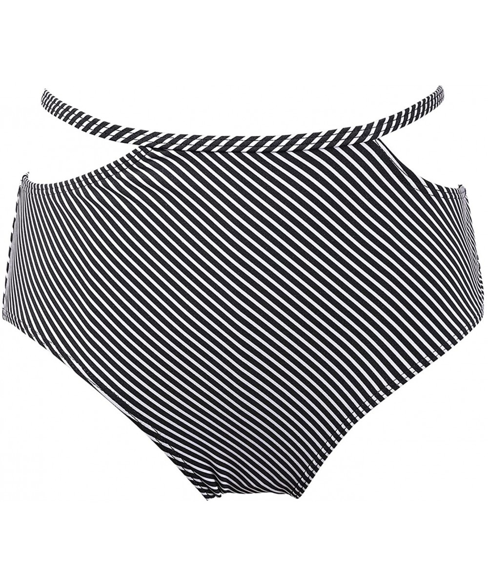 Women's Sexy Cut Out Middle Waist Bikini Bottoms Retro Strappy Short Tankinis(FBA) - Black Stripe - CP189X495U8 $17.25-Bottoms