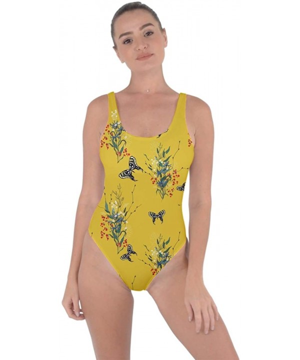 Womens One Piece Hawaiian Hibiscus Flowers Palm Leaves Bring Sexy Low Back Swimsuit- XS-3XL - Yellow Floral - CZ18RUAALY7 $25...