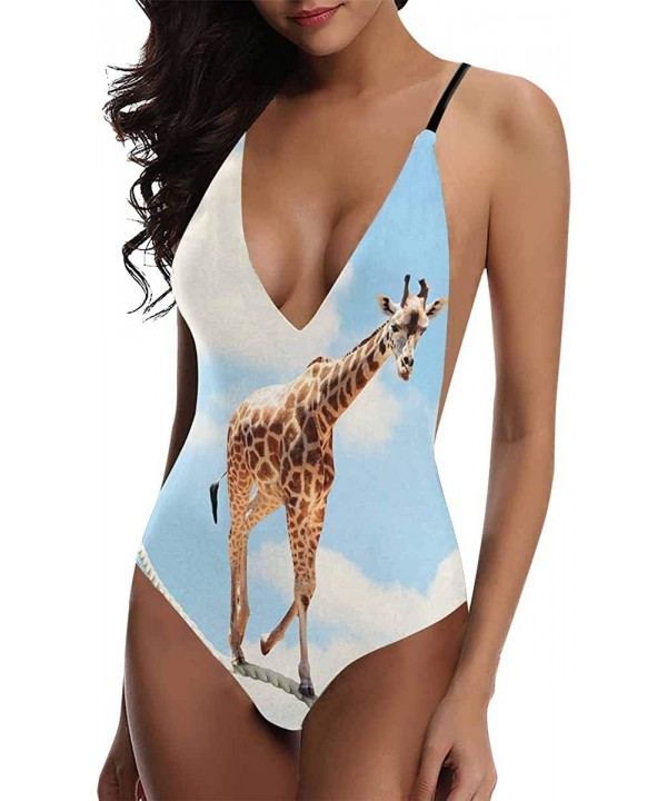 Funny Giraffe Animal V-Neck Women Lacing Backless One-Piece Swimsuit Bathing Suit XS-3XL - Design 2 - CY18RAZ6M04 $39.21-One-...