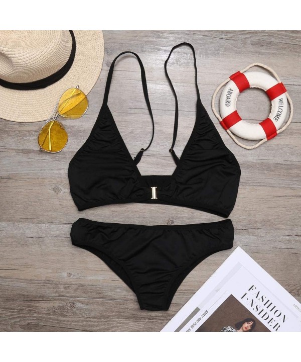 Women Sexy Spaghetti Straps O-Neck Front Hasp Bikini Swimwear Set Sets - Black - C91906L2NOW $18.02-Sets